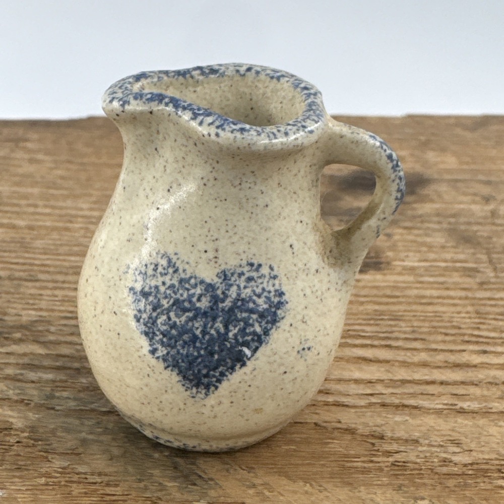 Dollhouse Mini Pottery Jug Gray Blue Speckled Handle Country Rustic Heart 1.5" T